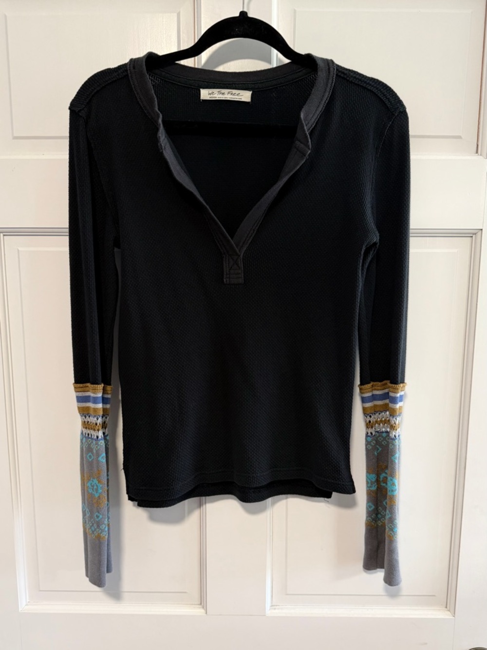 Free People Mikah Thermal Notch Neck Black Medium Patterned Crochet Cuff Boho